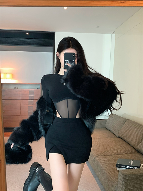 實拍 鏤空設計感網紗連體上衣女+開叉不規則修身氣質半身裙女