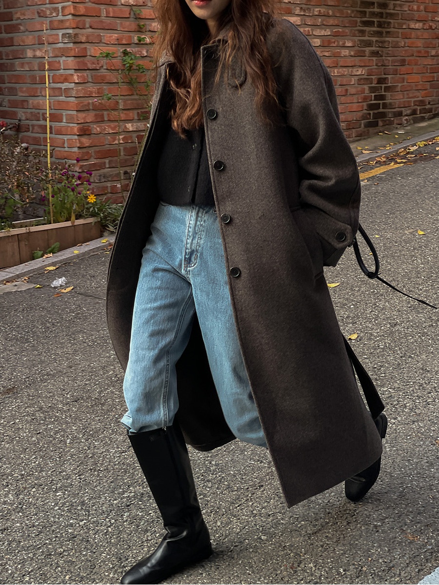 Korean INS designer high-end stand-up collar single-breasted belt mid-length woolen jacket coat