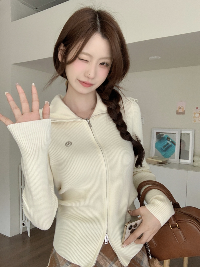 實拍 秋冬韓版修身翻領氣質雙拉鏈安迪絨針織毛衣開衫外套女