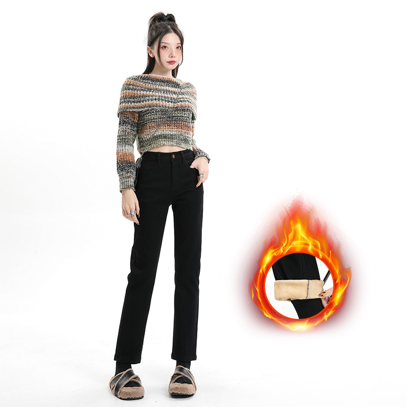 實拍2023秋冬加絨直筒牛仔褲女高腰顯高顯瘦小個子九分煙管褲