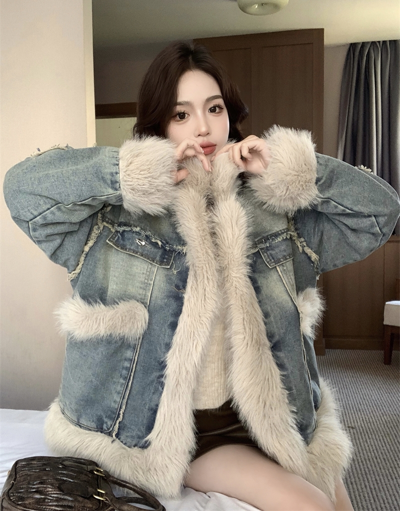 Actual shot of winter retro washed denim wool splicing loose lapel quilted thickened cotton clothing jacket