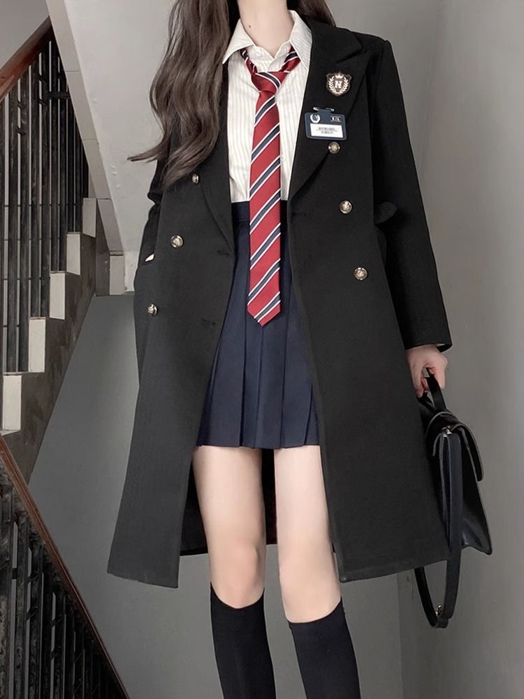學院風外套毛呢jk制服外套大衣女2023年冬季新款黑色中長款風衣
