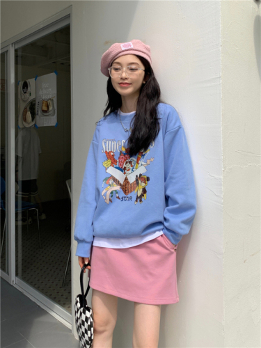 Real shot of niche fun cartoon printed sleeve length round neck pullover sweatshirt for women autumn new style loose and age-reducing