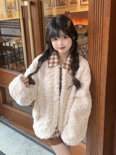  Autumn and Winter Lamb Wool Jacket for Women Sweet and Little Stitched Checkerboard Eco-Friendly Fur Rex Rabbit Plush Thickened