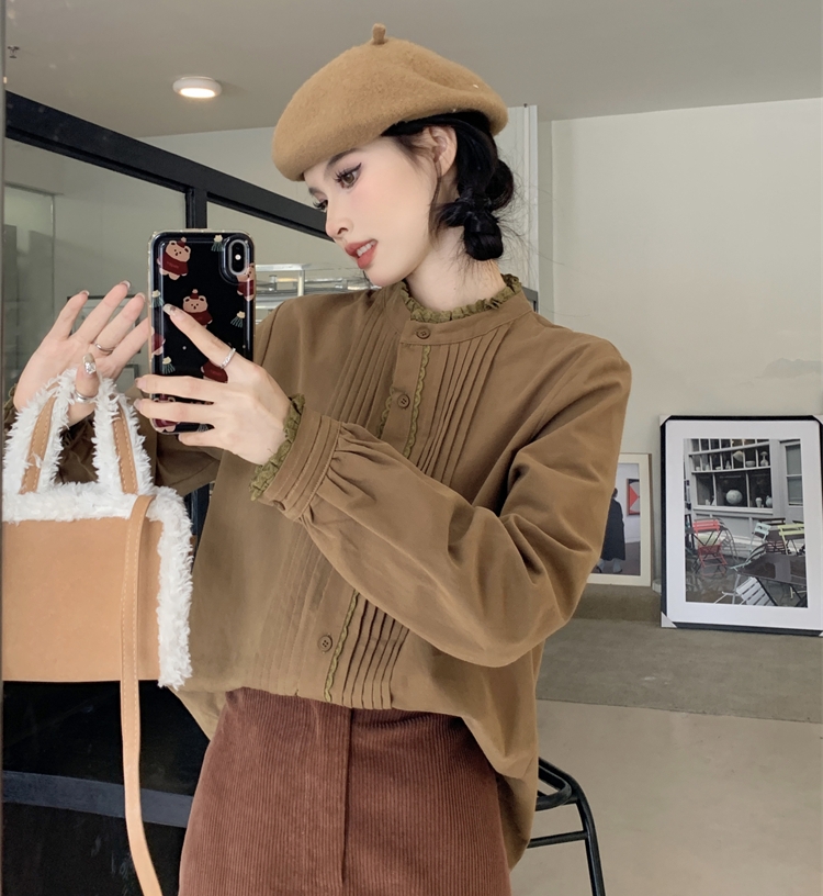 實拍 秋季新款別致立領木耳邊寬鬆長袖襯衫女上衣