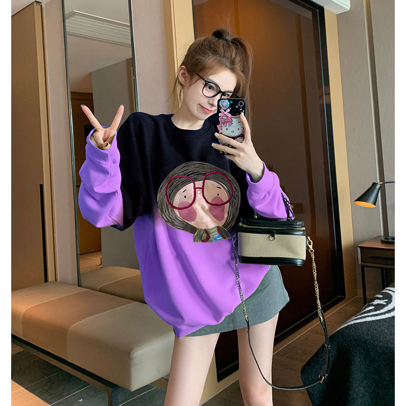 華棉復牛奶絲/銀狐絨 紫色漸變圓領衛衣女加絨加厚套頭上衣