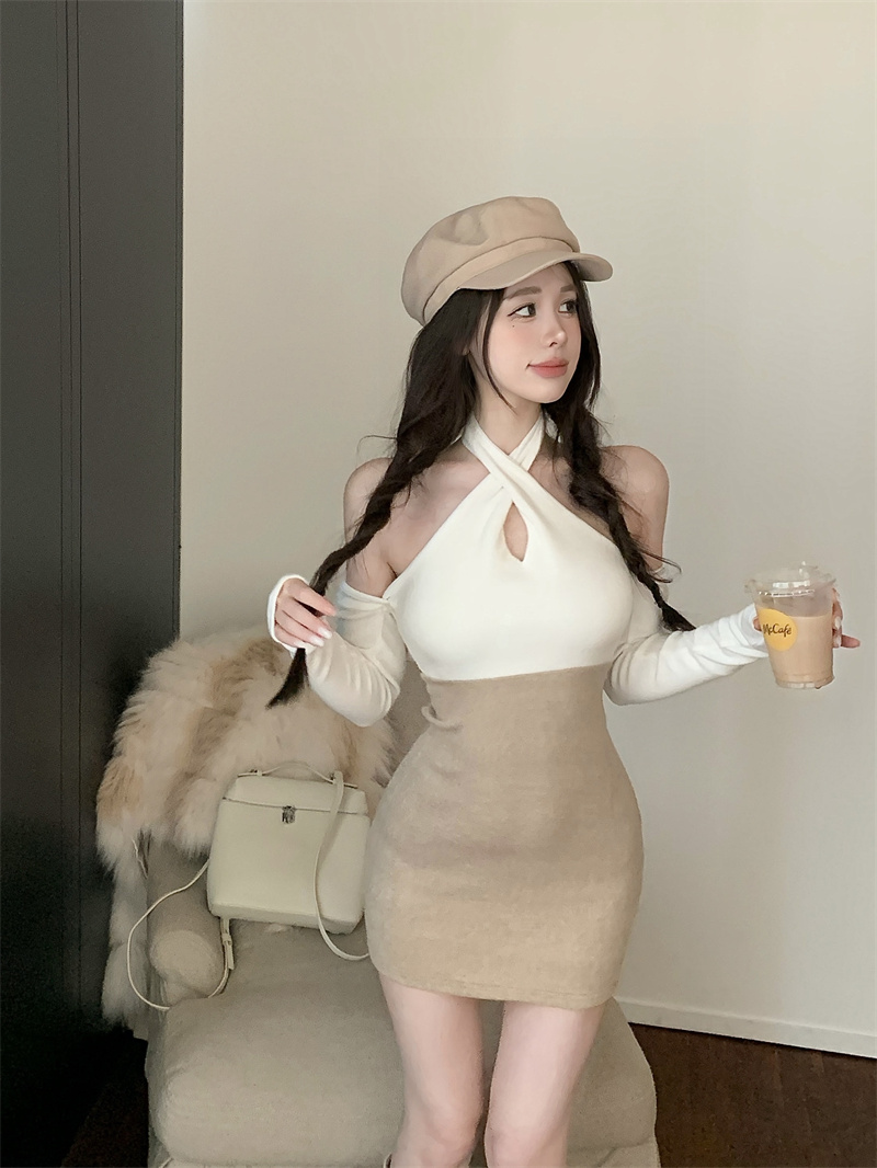 實拍 掛脖吊帶秋冬顯瘦拼接修身包臀連衣裙女