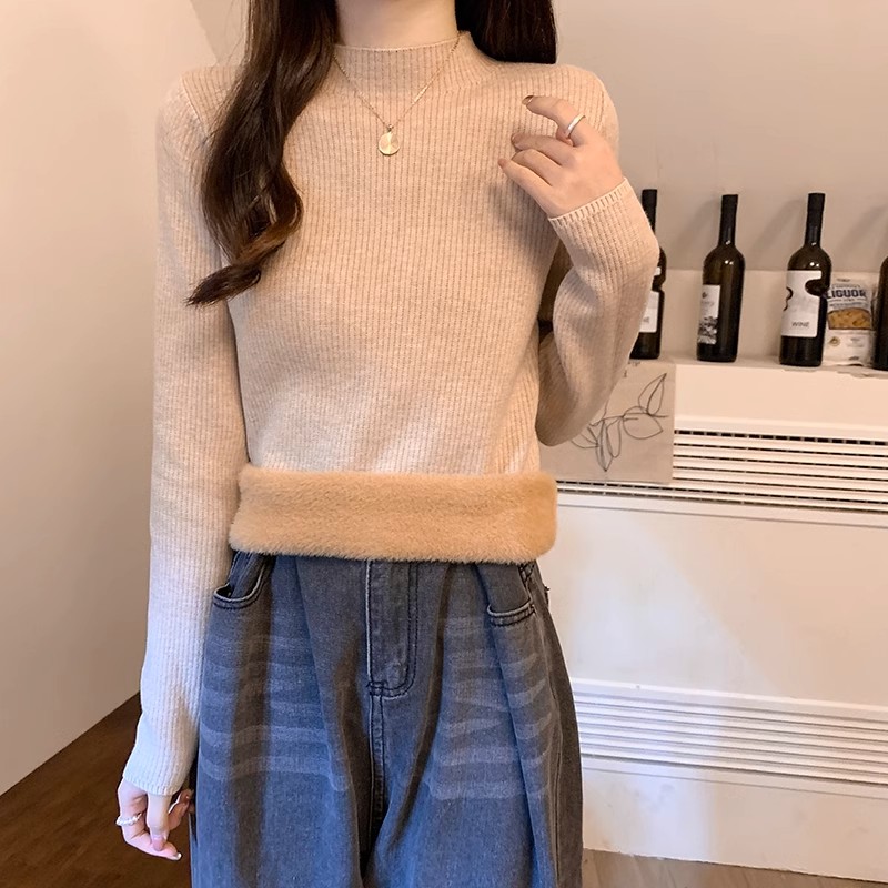 加絨加厚保暖打底衫女秋冬內搭針織衫時尚洋氣修身顯瘦半高領毛衣