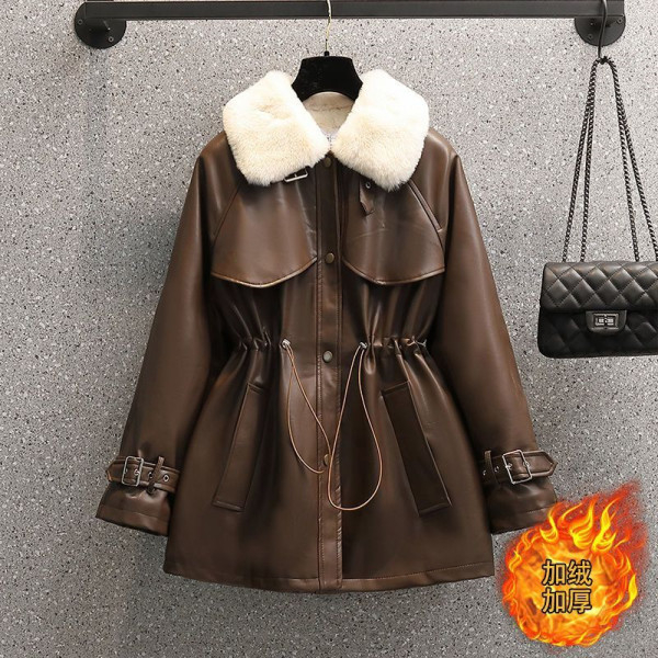Plus size women's winter new fashion temperament waisted fur all-in-one motorcycle plus velvet leather jacket
