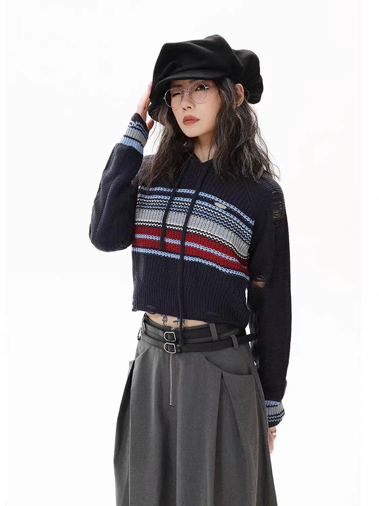 甜酷風條紋針織毛衣女2023秋新款街頭潮牌寬鬆撞色設計感連帽上衣