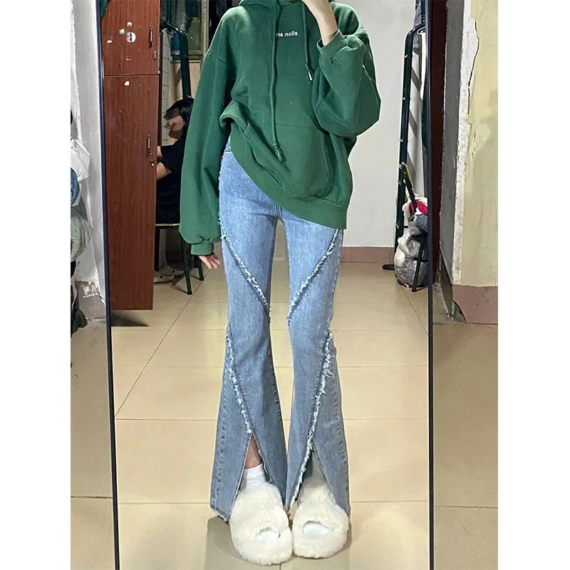 設計彈力微喇開叉牛仔褲女辣妹高腰顯瘦百搭小眾毛邊闊腿褲
