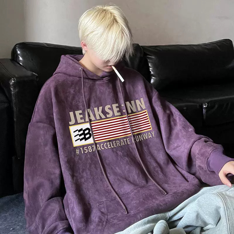 純棉複合連帽衛衣男女美式復古字母做舊水洗寬鬆潮牌高街情侶帽衫