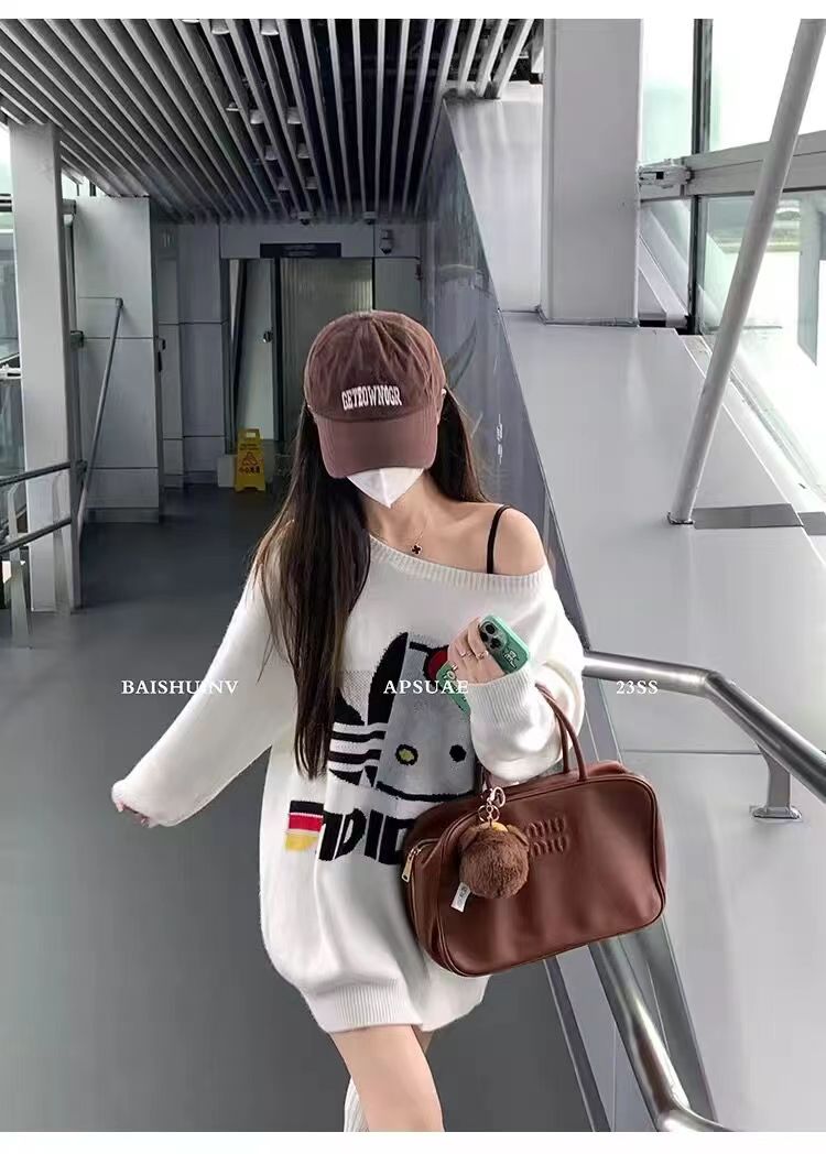 白水女K門永存!! 提花字母毛衣女秋冬白色高質感圓領寬鬆上衣