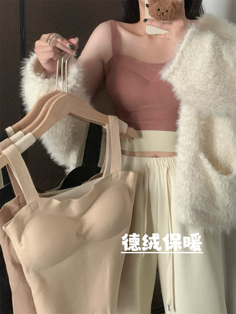 實拍秋冬自發熱德絨打底背心帶胸墊加厚保暖內搭吊帶上衣