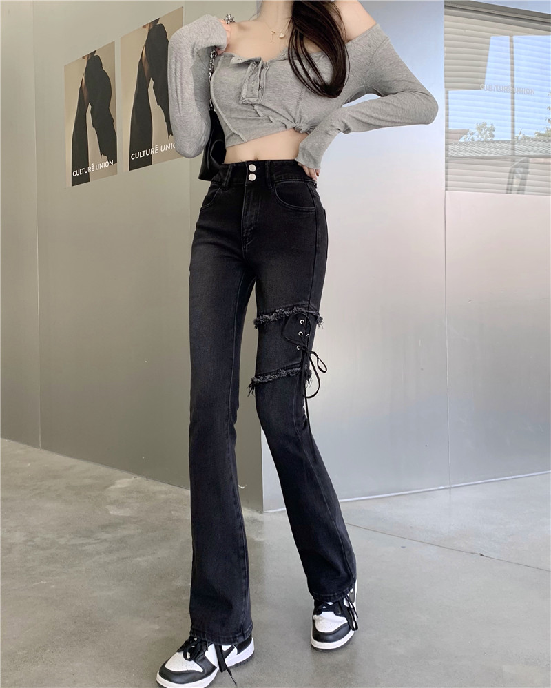 實拍~綁帶牛仔褲女秋冬抓絨高腰直筒緊身闊腿微喇叭褲子