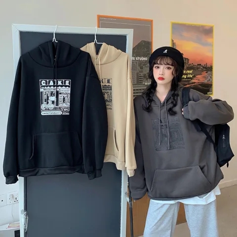 加絨加厚連帽衛衣女韓版寬鬆大碼網紅大版原宿風bf慵懶風上衣秋冬
