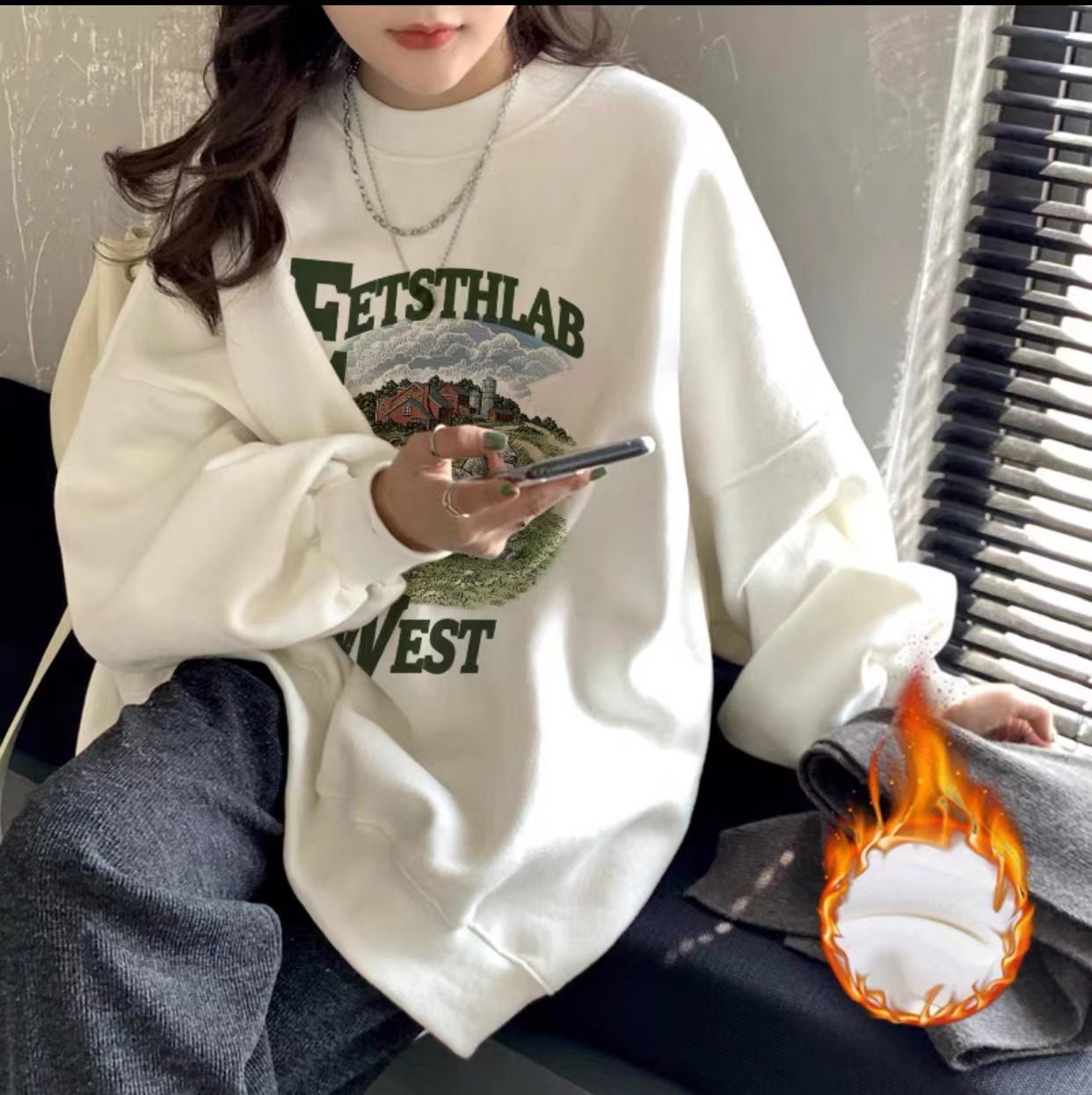 加絨420克聚酯纖維67%棉30%其他3%圓領衛衣女寬鬆美式女