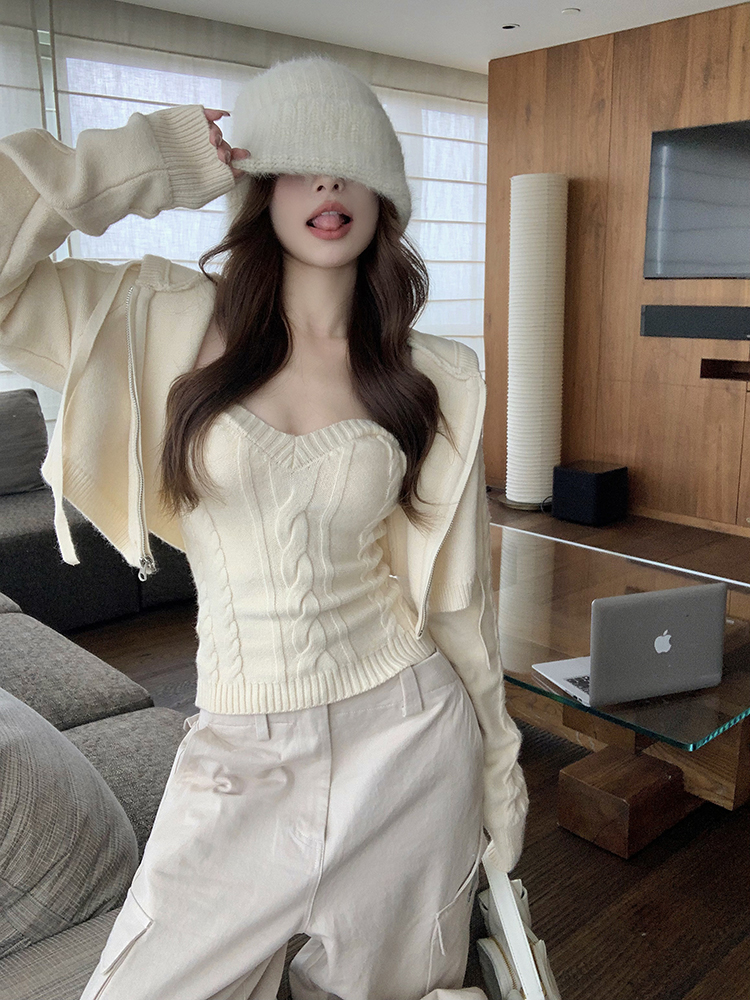 實拍 北歐少女溫柔慵懶風設計感短毛衣外套針織抹胸時髦套裝