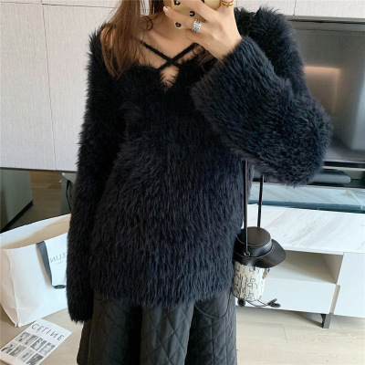 溫柔風軟糯水貂絨毛衣女秋冬內搭寬鬆慵懶風上衣中長款V領針織衫