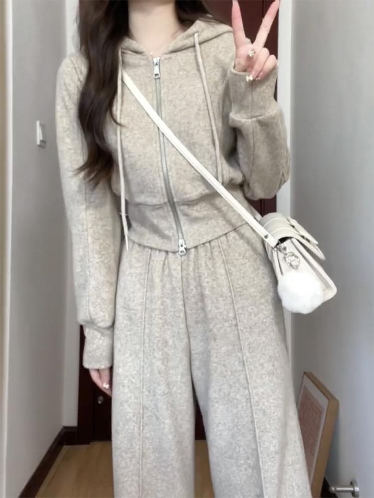 純棉華棉復銀狐絨/灰色休閒運動套裝女加絨連帽衛衣闊腿褲兩件套