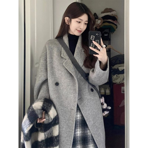 High-end gray woolen coat for women in autumn and winter  new Korean style small coat mid-length thickened