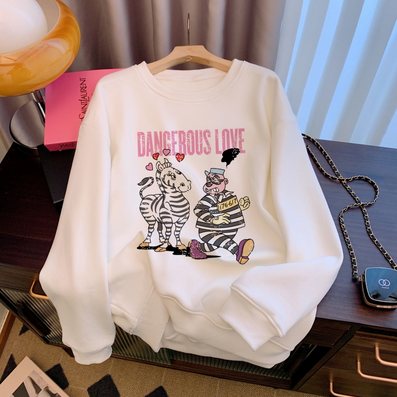 Real shot new casual Huamian-velvet 410g/thin 310g autumn and winter sweatshirt women's printed large size women's clothing