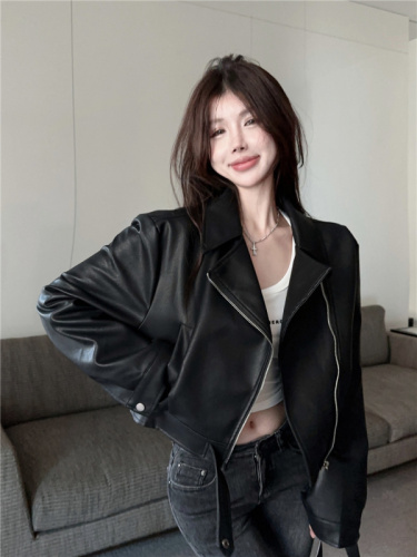 Real shot ~ Hong Kong style pu leather jacket women's new style  small short motorcycle jacket for women