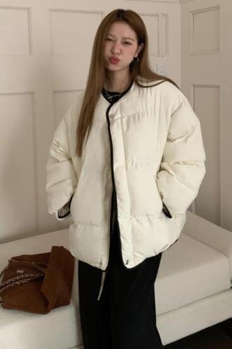 Real shot!  Korean style chic all-match contrasting color hemmed collarless bread coat winter thickened down cotton coat