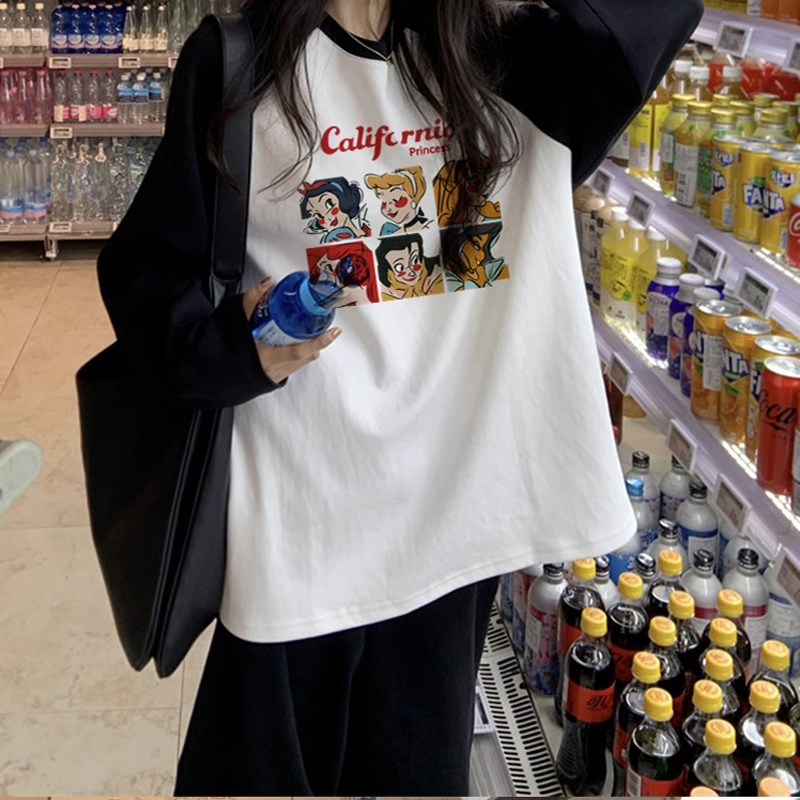 春秋季新款純棉長袖t恤女設計感小眾上衣撞色寬鬆減齡打底衫