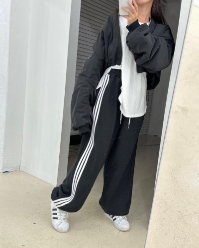 Three-stripe pants winter fleece new heavyweight trendy brand foot-binding sports American retro loose trousers