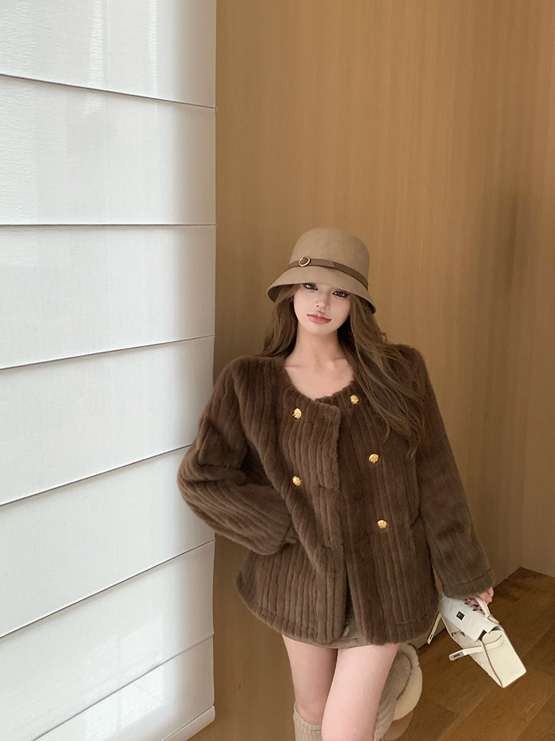 Real shot!  Fur coat women's round collar double breasted imitation mink fur vertical stripe fur coat 2350