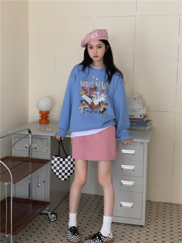 Real shot of niche fun cartoon printed sleeve length round neck pullover sweatshirt for women autumn new style loose and age-reducing
