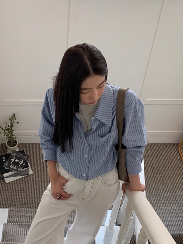 藍色條紋襯衫女2023秋季新款設計感小眾寬鬆顯瘦職業通勤長袖襯衣