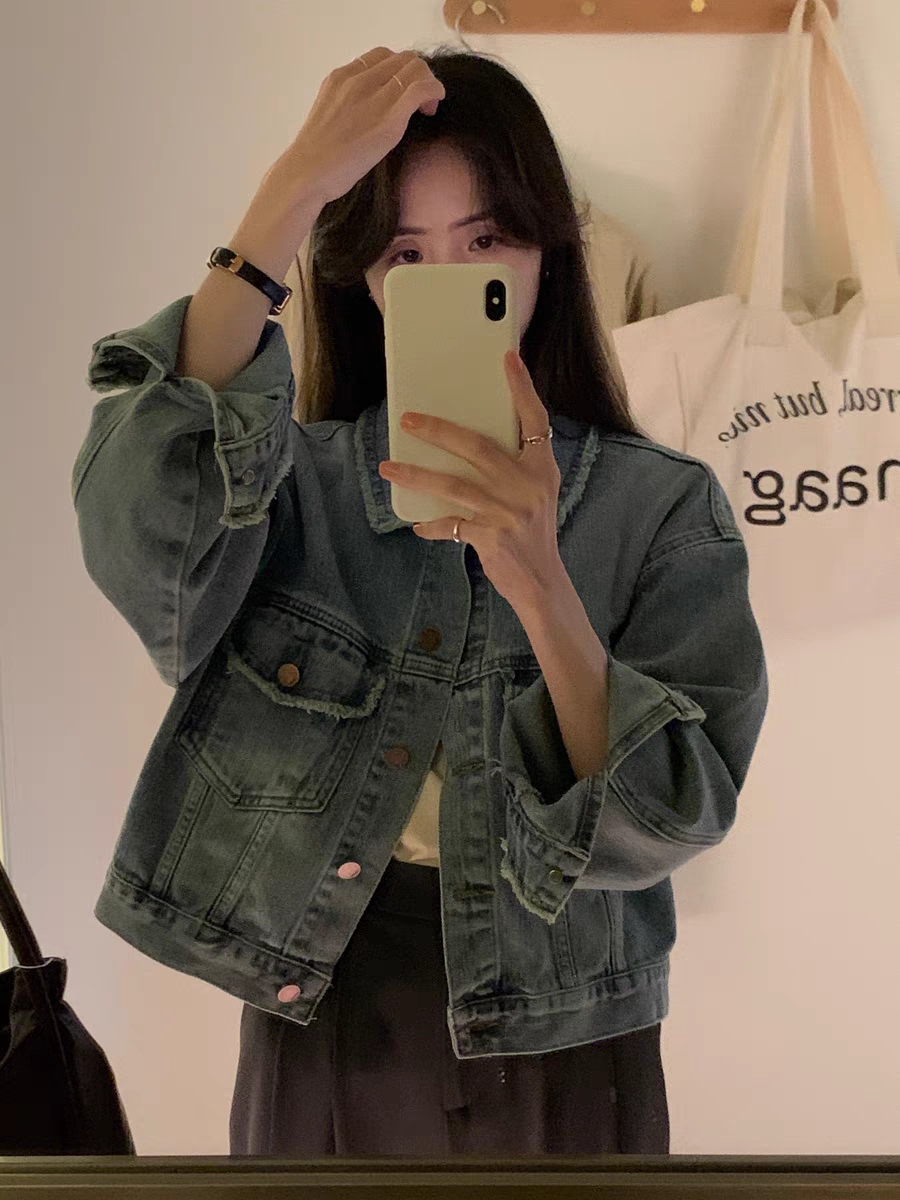 BRIVIN淺藍色復古風牛仔外套女春秋2023新款韓系休閒寬鬆短款上衣