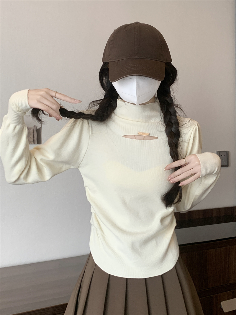 實拍 新款法式小眾獨特别致鏤空半高領針織衫修身內搭T恤上衣
