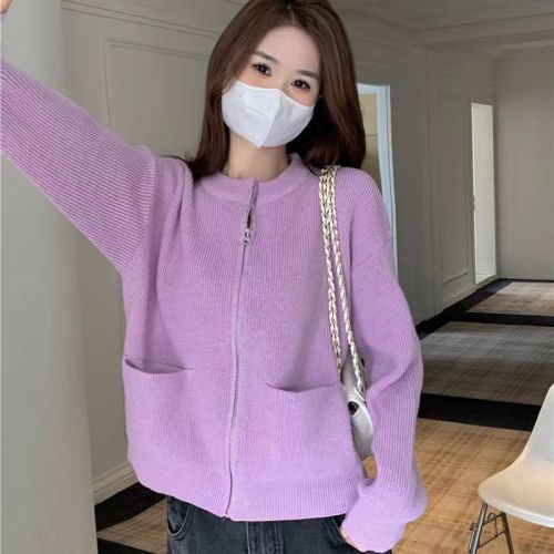 Autumn and winter new Korean style knitted cardigan for women new Korean style slimming solid color double zipper jacket top for women