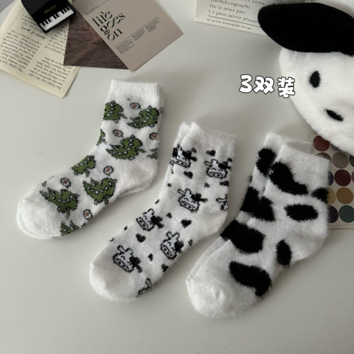 Actual Korean version of cartoon warm soft velvet socks for women mid-calf socks autumn and winter pile socks long socks women's socks 3 pairs