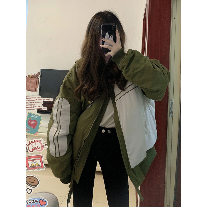 National trendy retro splicing contrasting color design baseball uniform for women winter thickened American style lazy style loose jacket