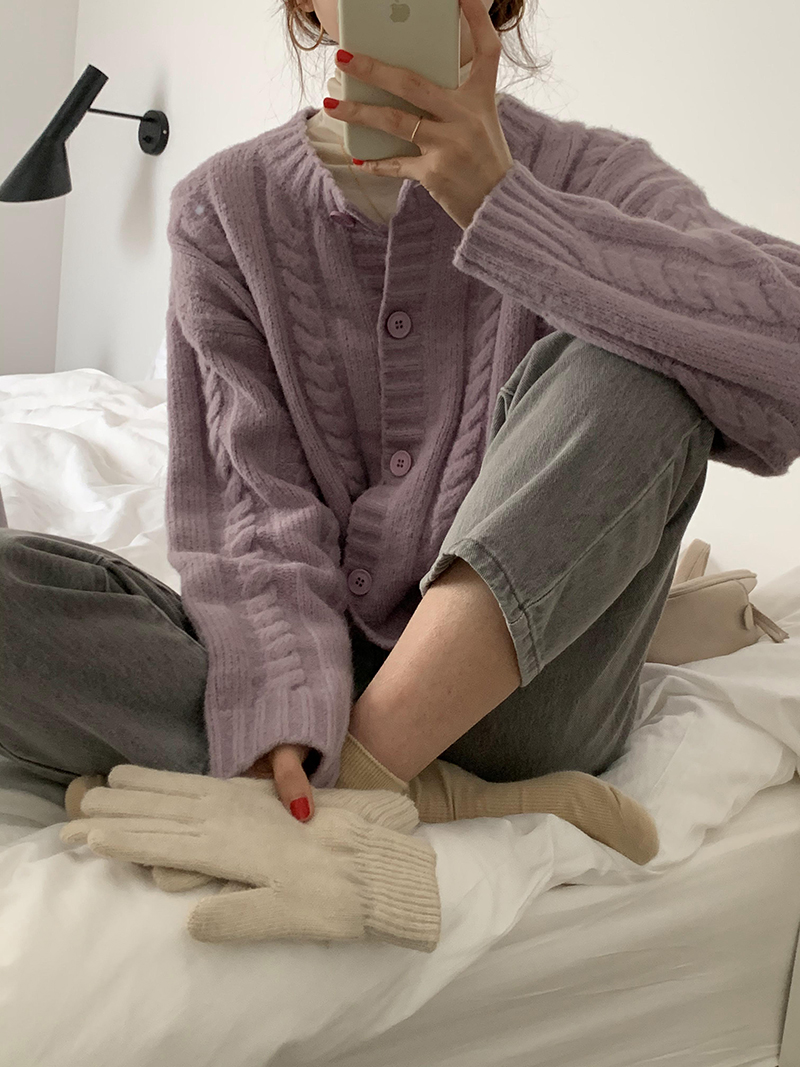 優質 秋冬新款毛茸茸軟糯麻花毛衣開衫寬鬆圓領保暖針織外套