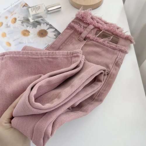 Dirty pink straight high waist jeans for women 2023 new autumn and winter niche design raw edge wide leg loose floor mopping pants
