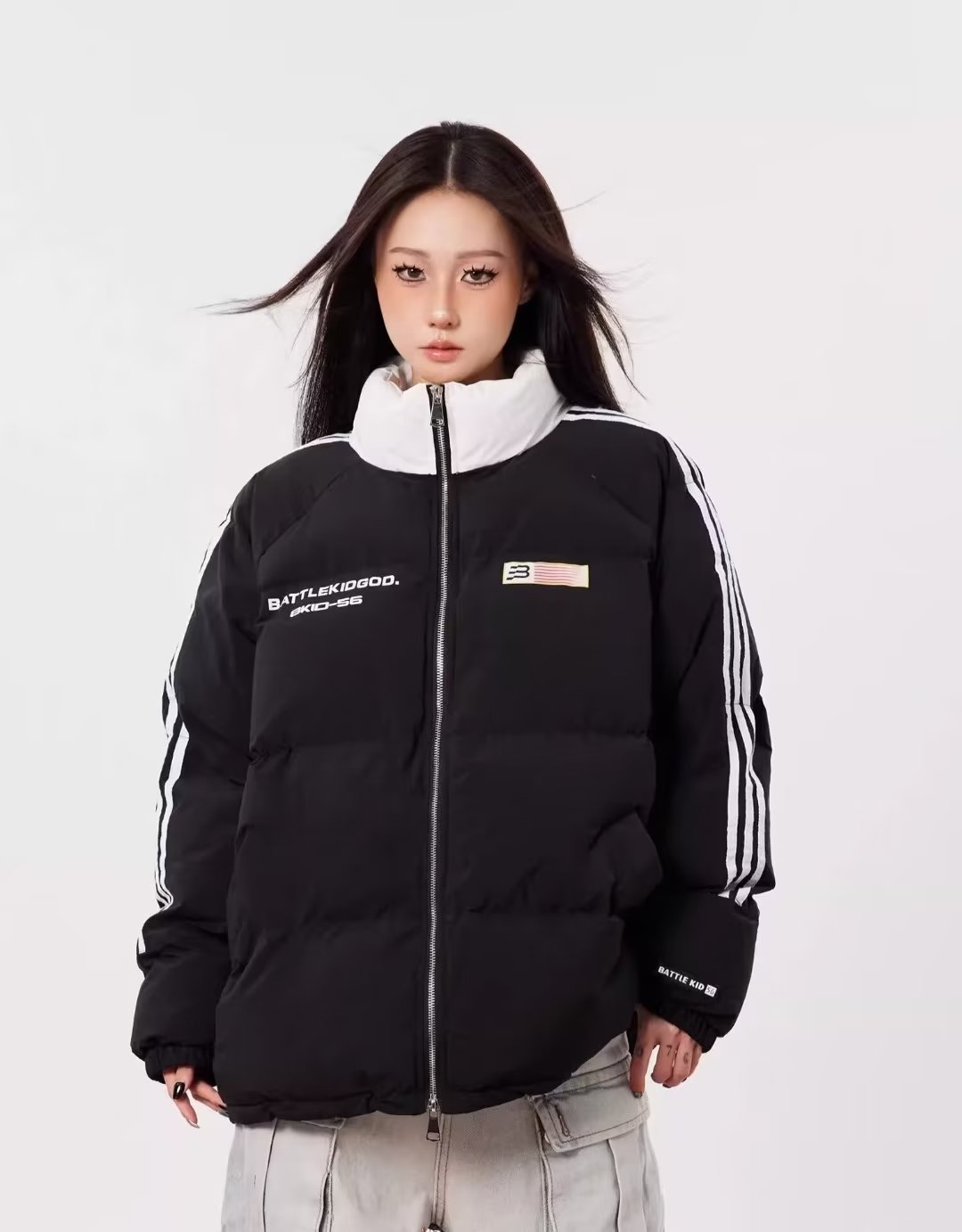 2023 Winter National Trend American Striped Flag Cotton Clothes Women's Thickened Couple Tops Bread Jacket Trendy
