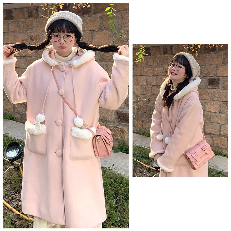 Sweet pink hooded woolen coat for women in autumn and winter 2023 new medium-length thickened woolen coat for women