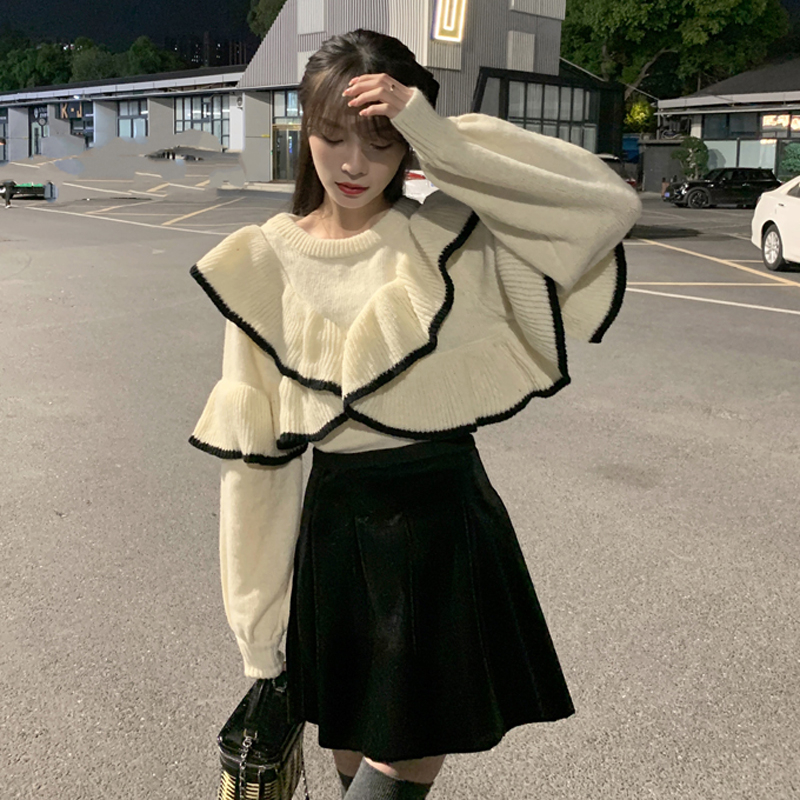 正反兩穿毛衣春裝新款波浪邊撞色設計感小眾套頭針織加厚上衣女潮