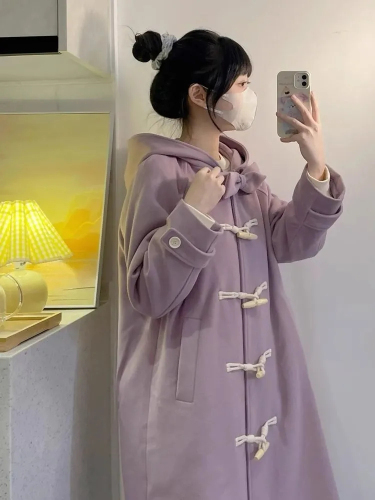 Purple horn button woolen coat for women 2023 new autumn and winter Korean style small college style thickened woolen coat