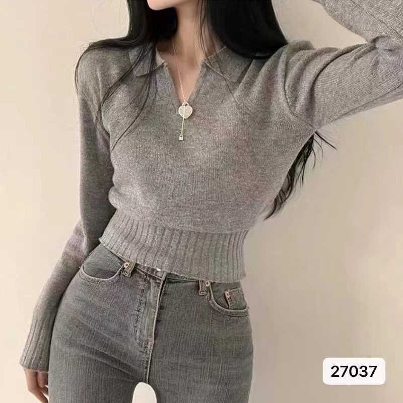 2023秋冬新款韓版簡約基礎Polo領純色軟糯收腰長袖上衣女