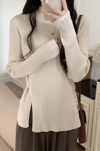 韩国半高领加厚保暖套头毛衣设计纽扣长袖开叉针织衫女