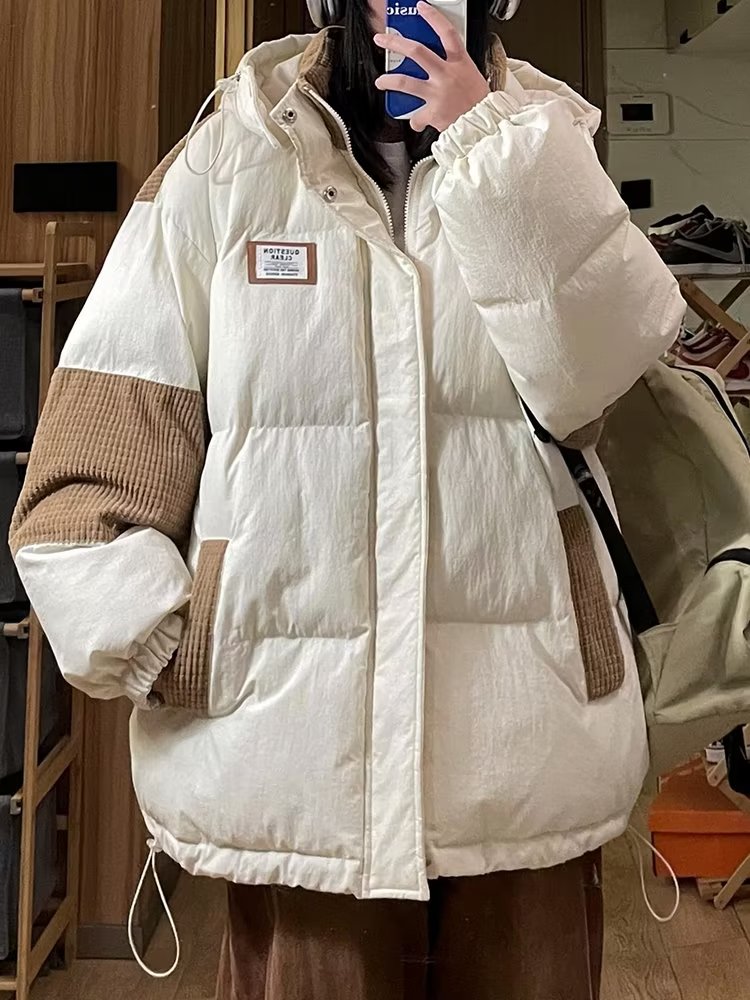 American retro splicing hooded cotton coat for women winter oversize couple wear thickened warm cotton coat and jacket