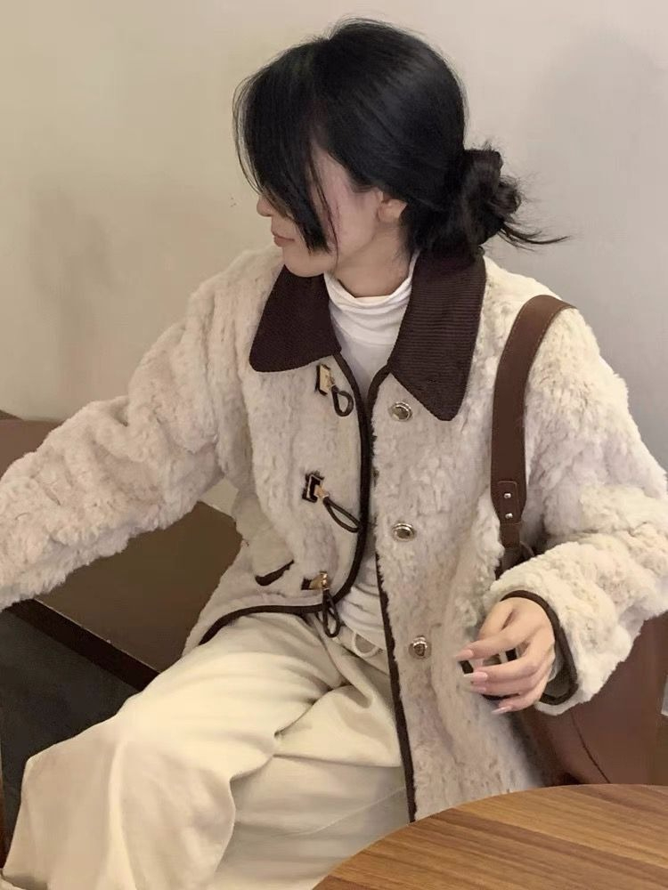 Korean style fur one-piece thickened gentle small fragrance jacket for women autumn and winter new style spliced ​​lapel plush temperament top