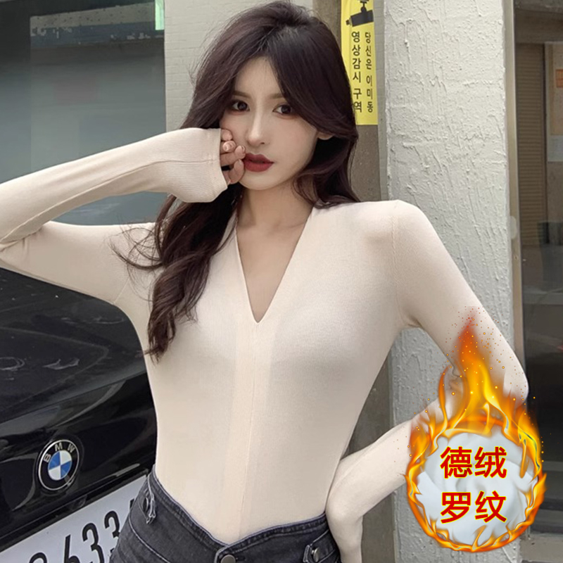 秋冬T恤緊身彈力內搭加絨加厚打底衫V領長袖高腰上衣女