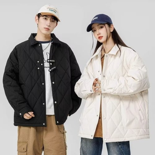 Trendy brand autumn and winter new diamond-shaped cotton coats for men and women, American loose cotton coats for couples, autumn and winter versatile cotton jackets